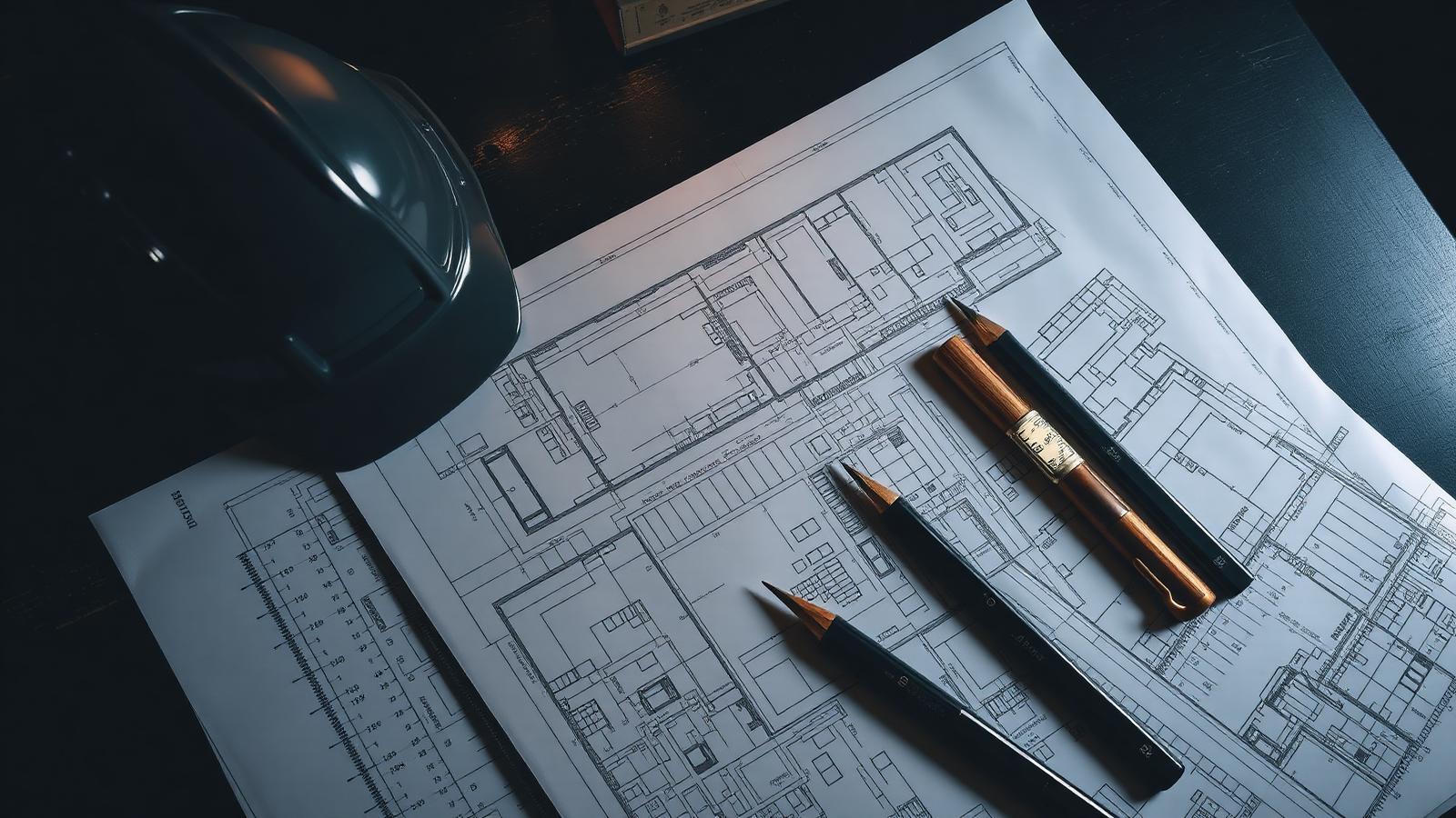 Architect blueprints and hard hat on a workbench