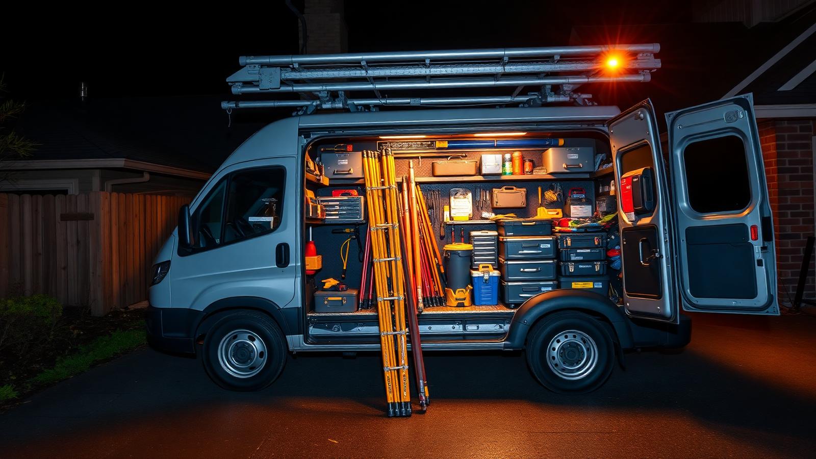 Contractor work van loaded with trade tools